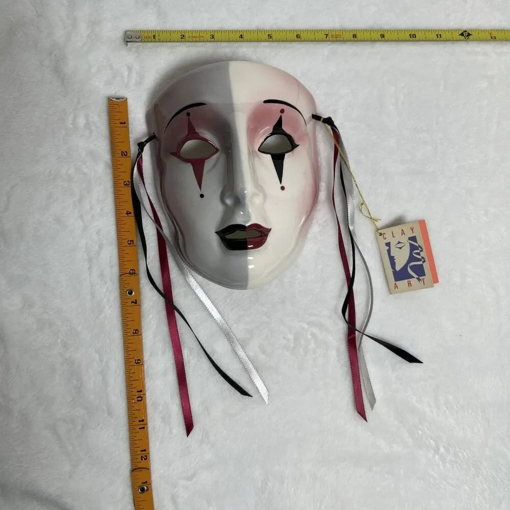 Clay Art Glazed Harlequin Masquerade Face Mask Hanging Ribbons Hand Painted